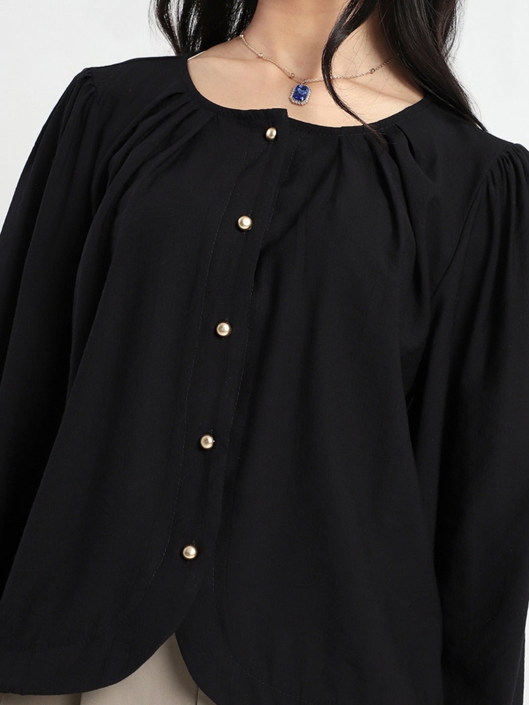 Black Cotton Nylon Puff Sleeve Top