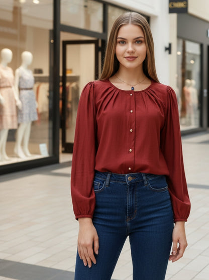 Rust Cotton Nylon Puff Sleeve Top