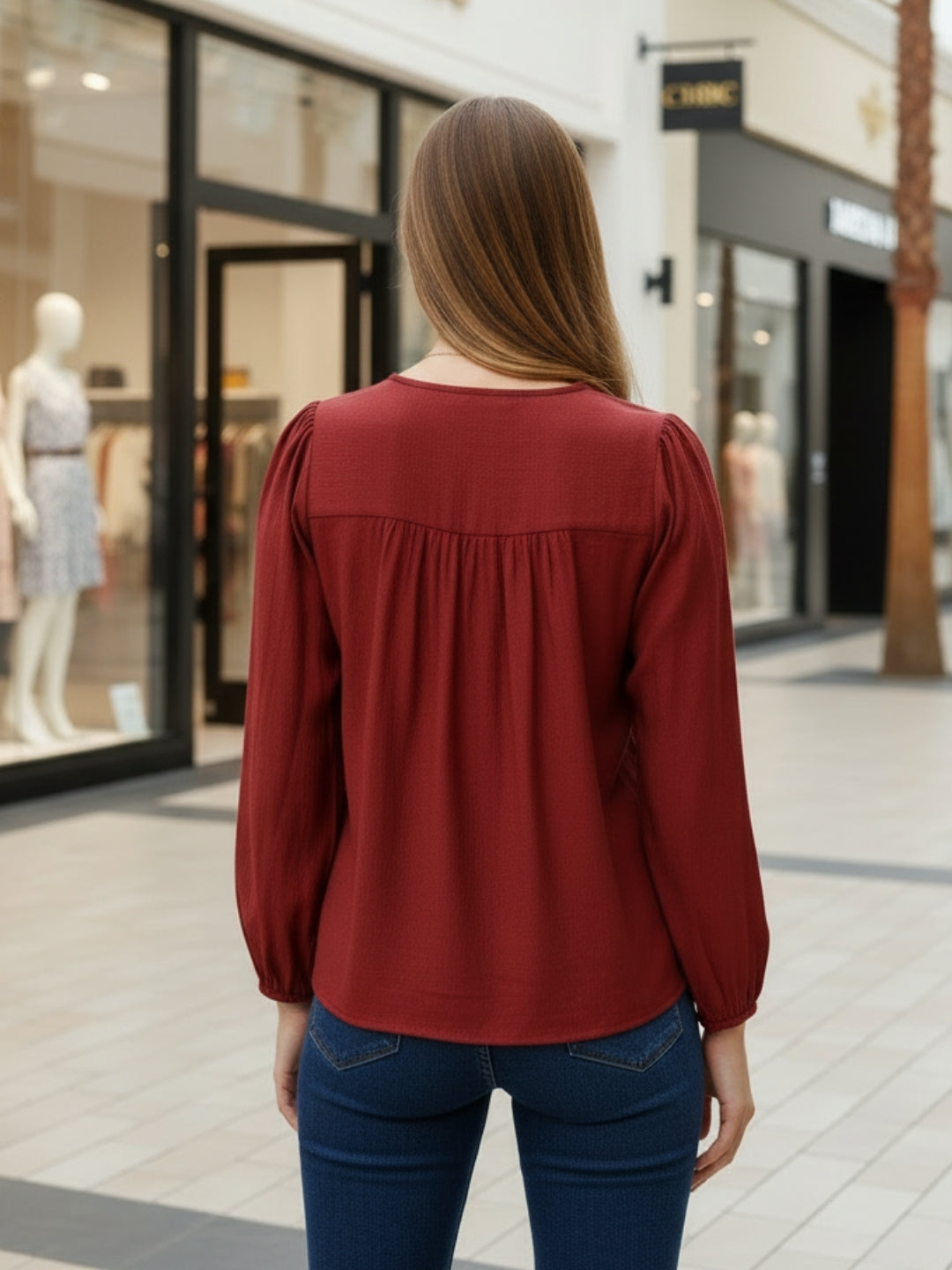 Rust Cotton Nylon Puff Sleeve Top