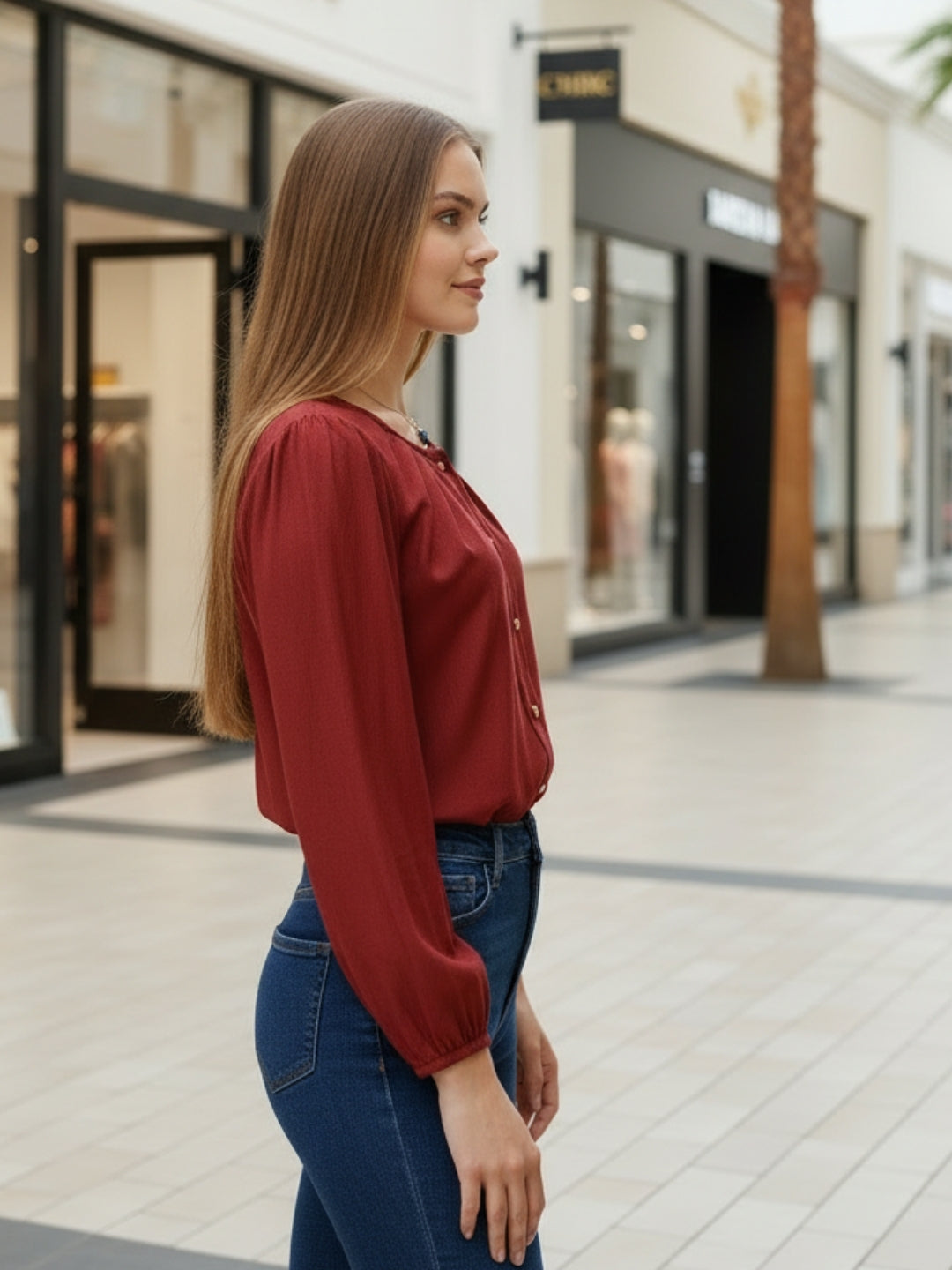 Rust Cotton Nylon Puff Sleeve Top