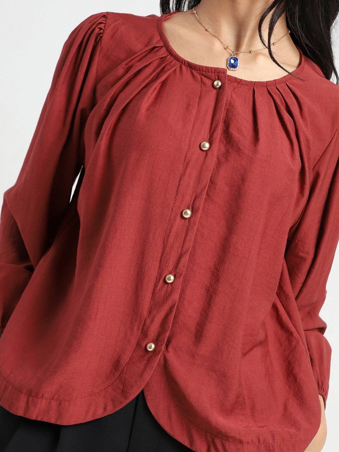 Rust Cotton Nylon Puff Sleeve Top
