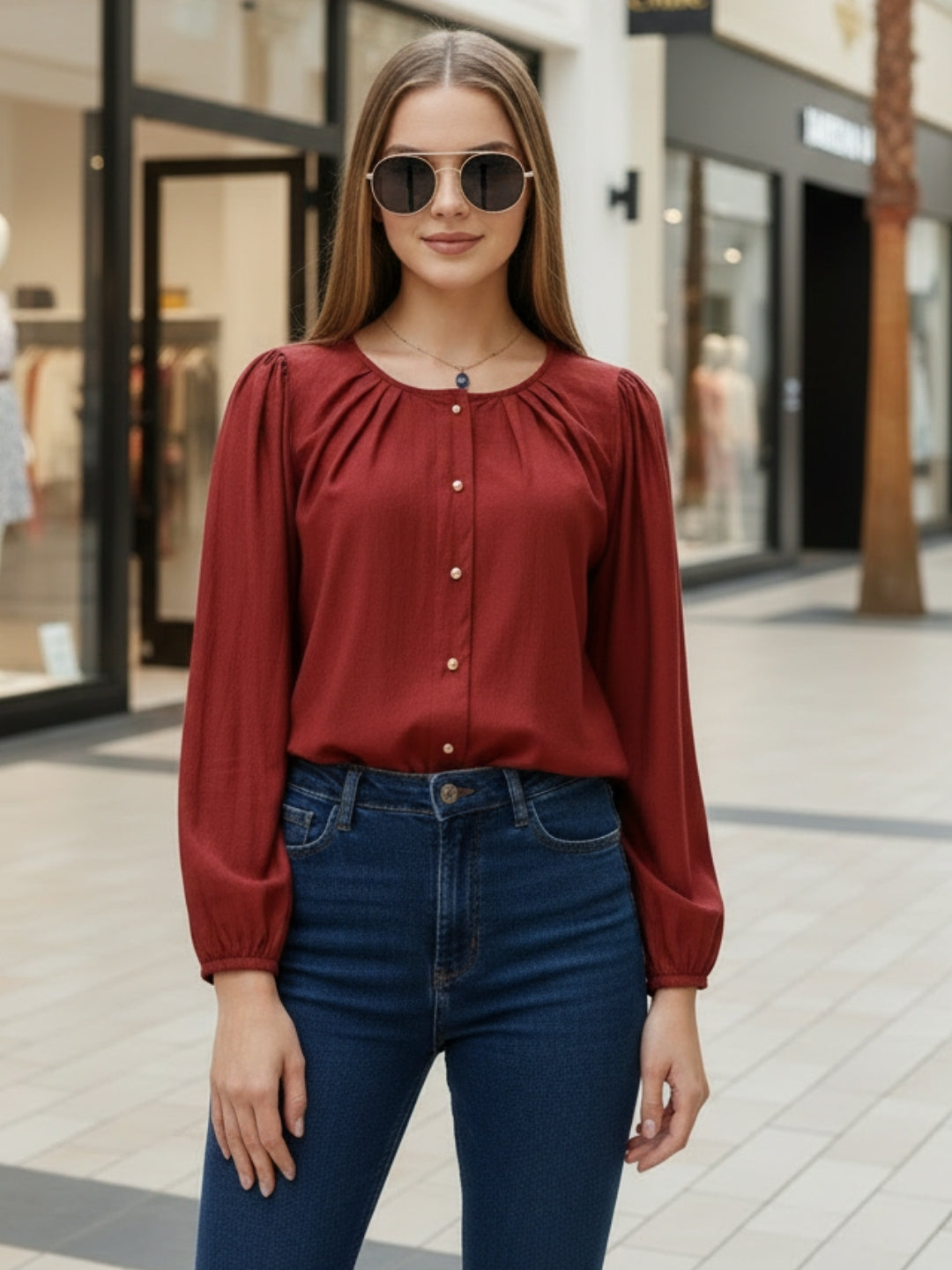 Rust Cotton Nylon Puff Sleeve Top