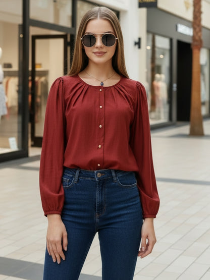 Rust Cotton Nylon Puff Sleeve Top