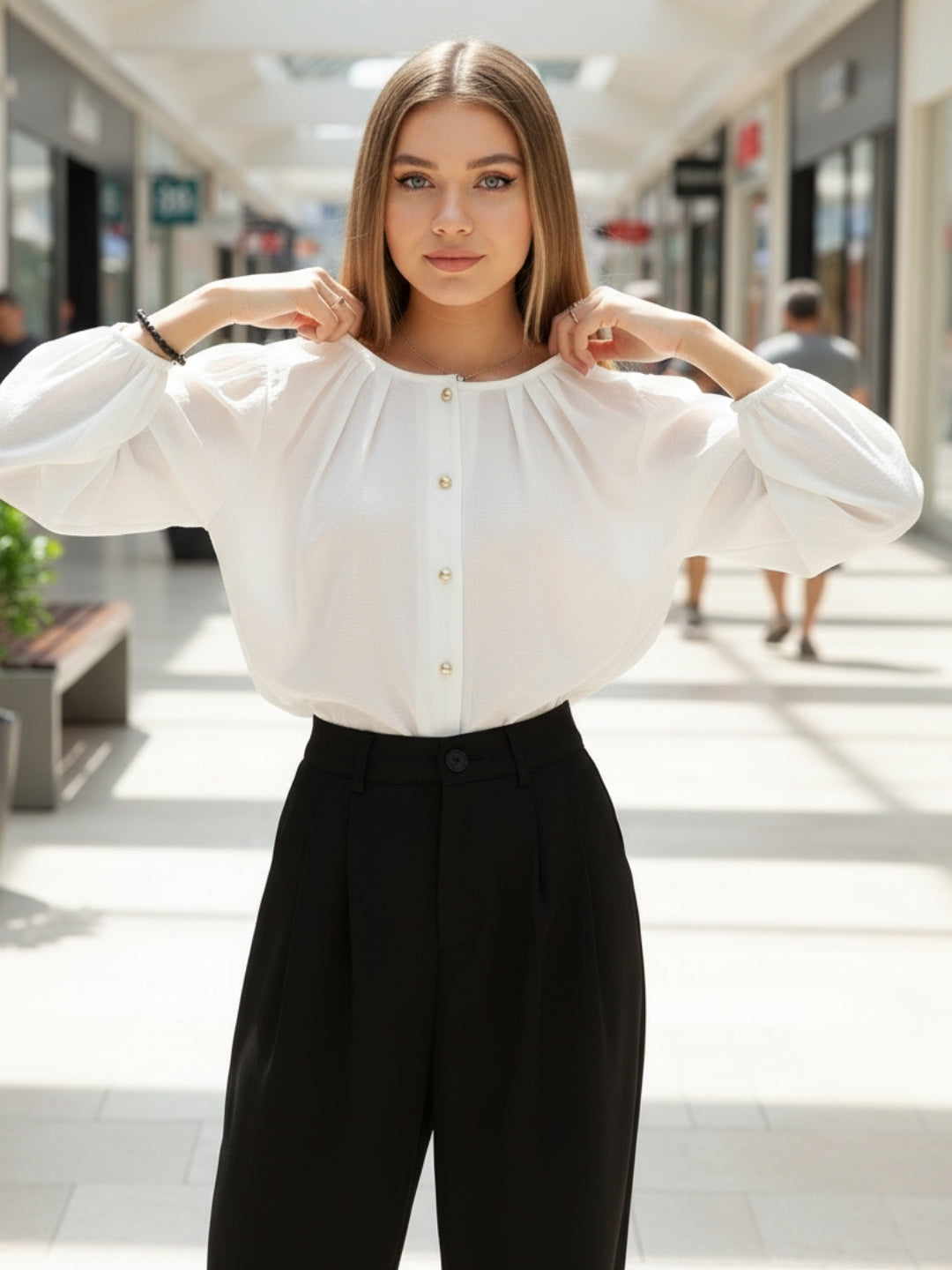 White Cotton Nylon Puff Sleeve Top
