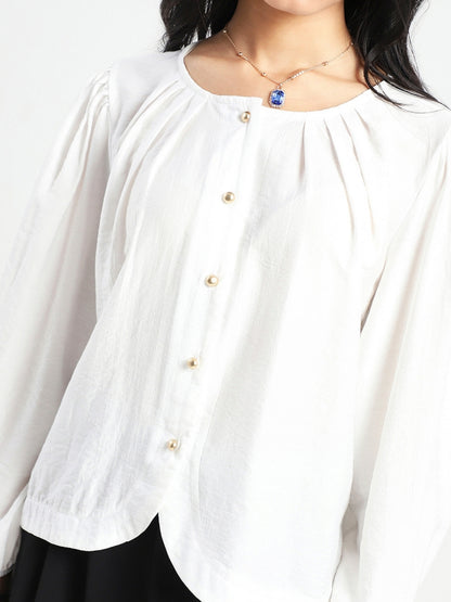 White Cotton Nylon Puff Sleeve Top