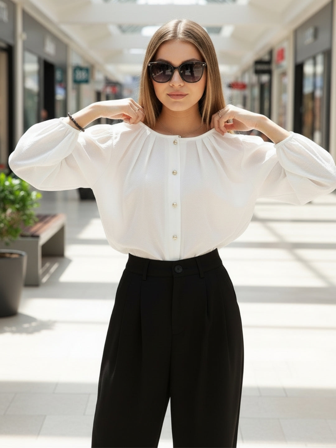 White Cotton Nylon Puff Sleeve Top