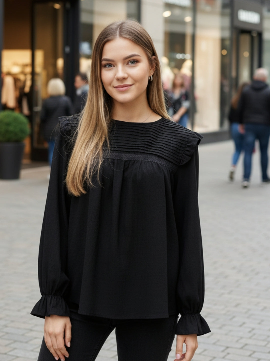 Black Pleated Yoke Ruffle Top