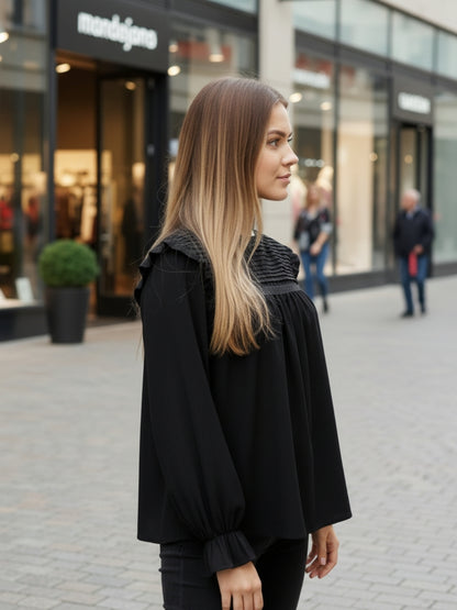 Black Pleated Yoke Ruffle Top
