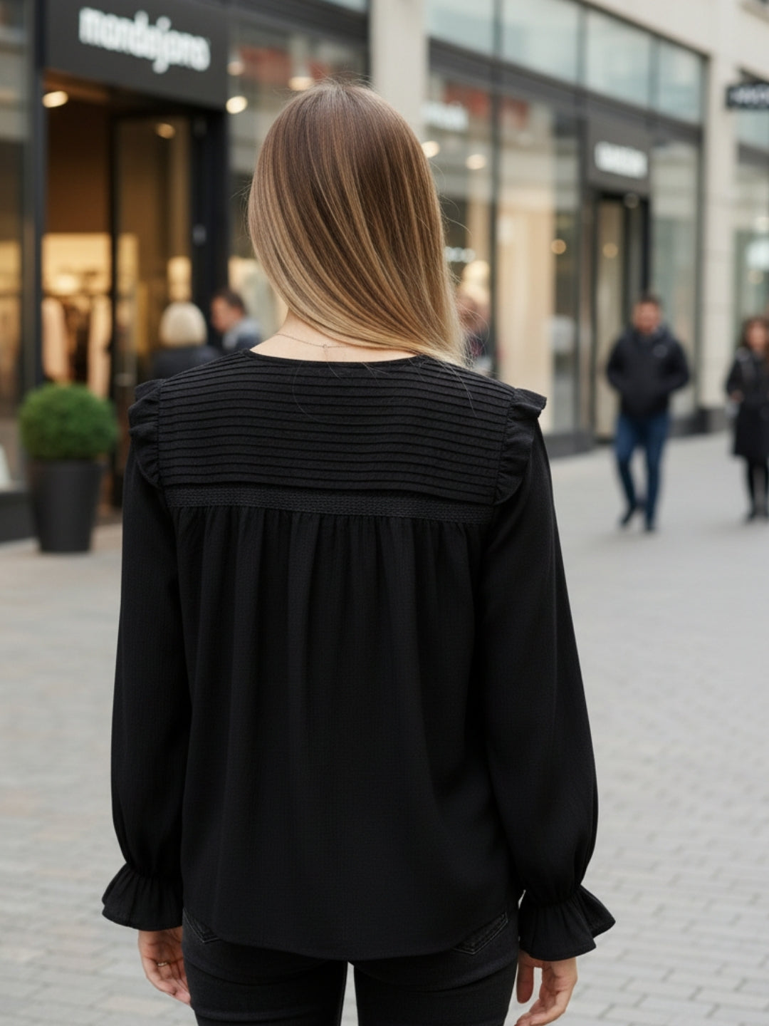 Black Pleated Yoke Ruffle Top