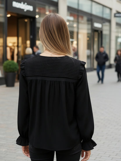 Black Pleated Yoke Ruffle Top
