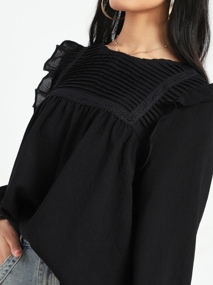 Black Pleated Yoke Ruffle Top