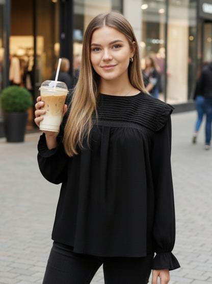 Black Pleated Yoke Ruffle Top