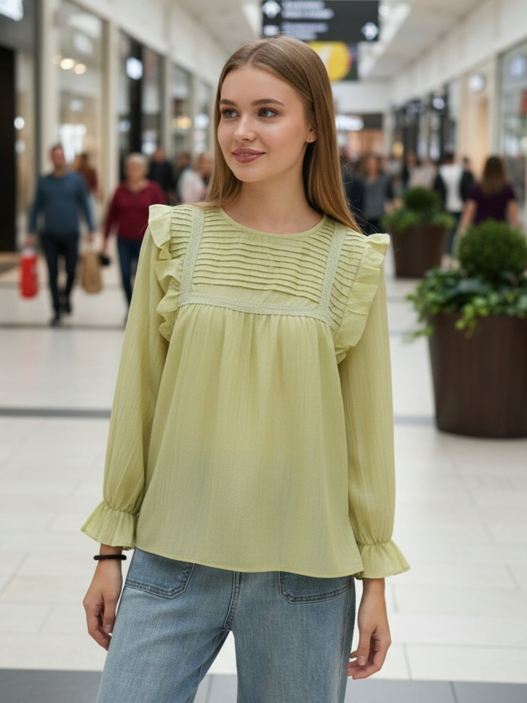 Lime Green Pleated Yoke Ruffle Top