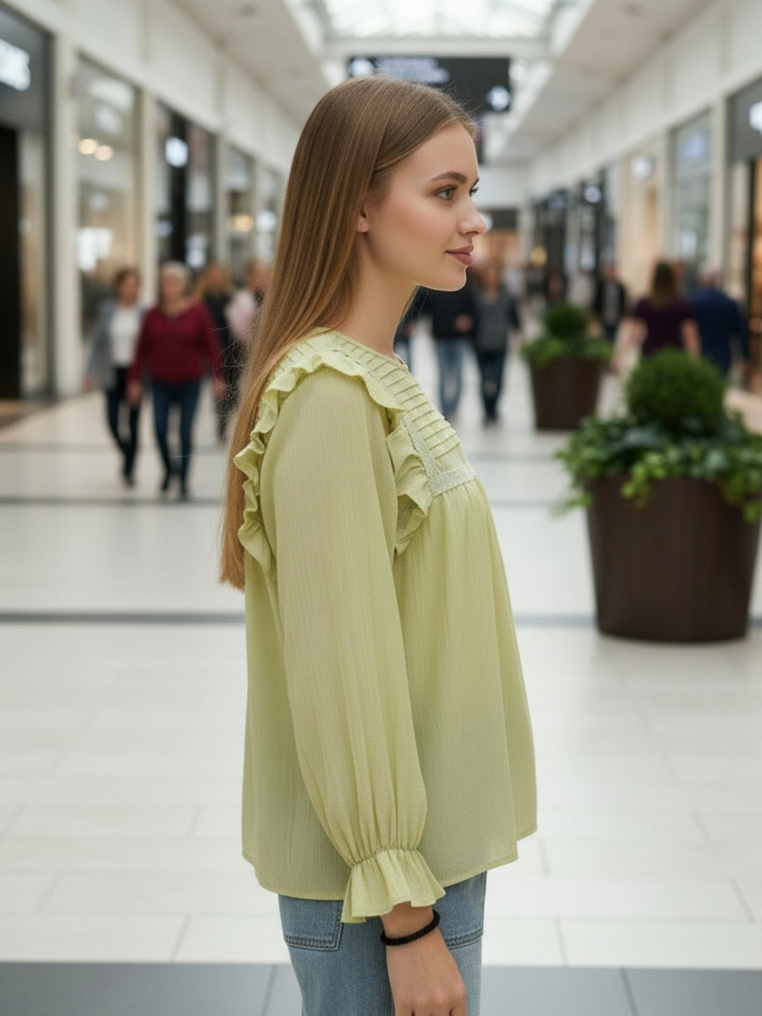 Lime Green Pleated Yoke Ruffle Top