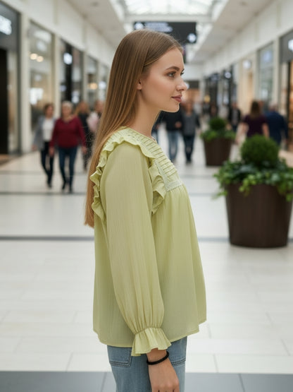 Lime Green Pleated Yoke Ruffle Top