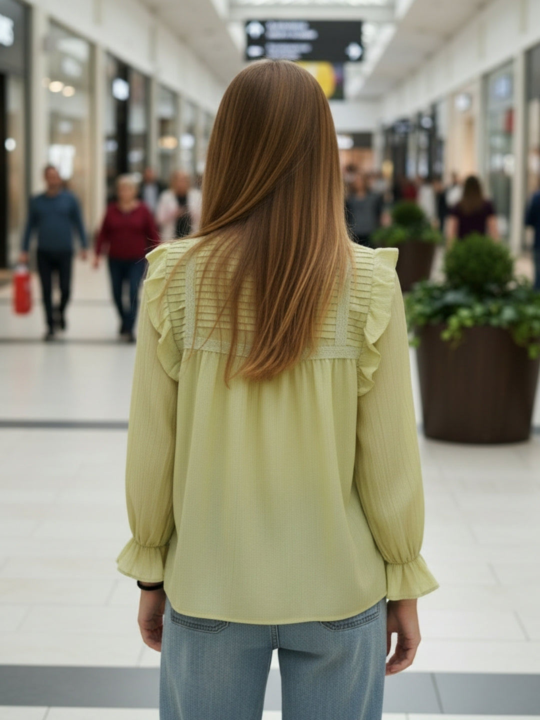 Lime Green Pleated Yoke Ruffle Top
