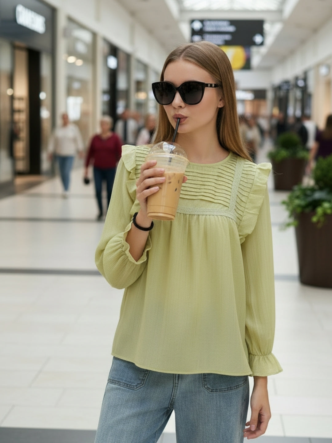 Lime Green Pleated Yoke Ruffle Top