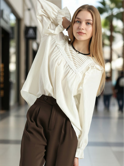 Off-White Pleated Yoke Ruffle Top