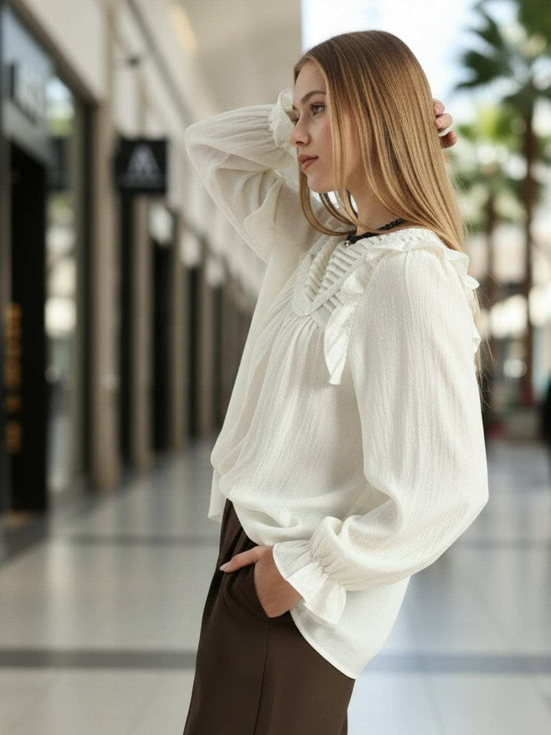 Off-White Pleated Yoke Ruffle Top