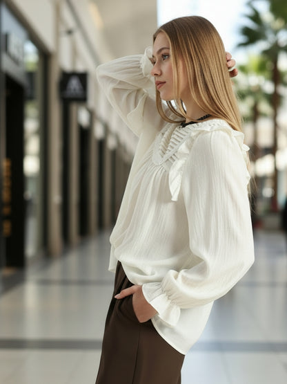 Off-White Pleated Yoke Ruffle Top