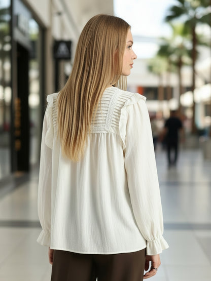Off-White Pleated Yoke Ruffle Top