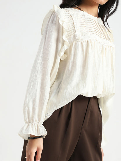 Off-White Pleated Yoke Ruffle Top