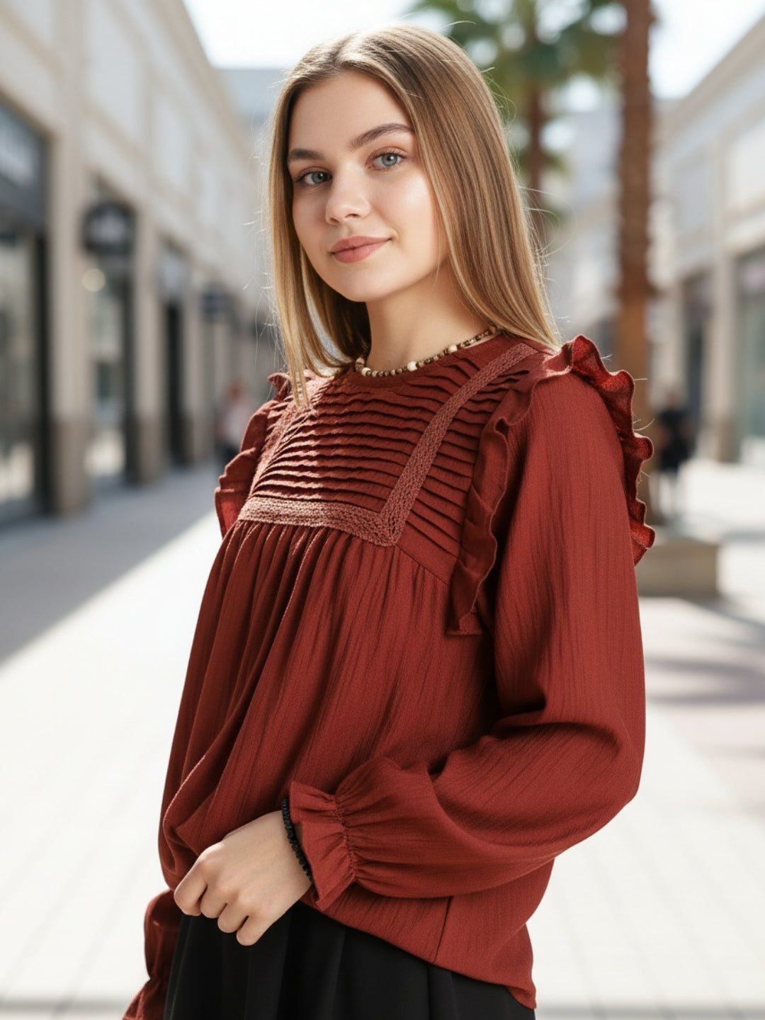 Rust Pleated Yoke Ruffle Top