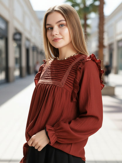 Rust Pleated Yoke Ruffle Top