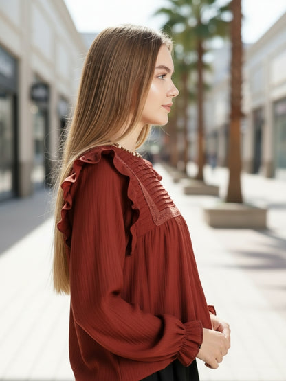 Rust Pleated Yoke Ruffle Top