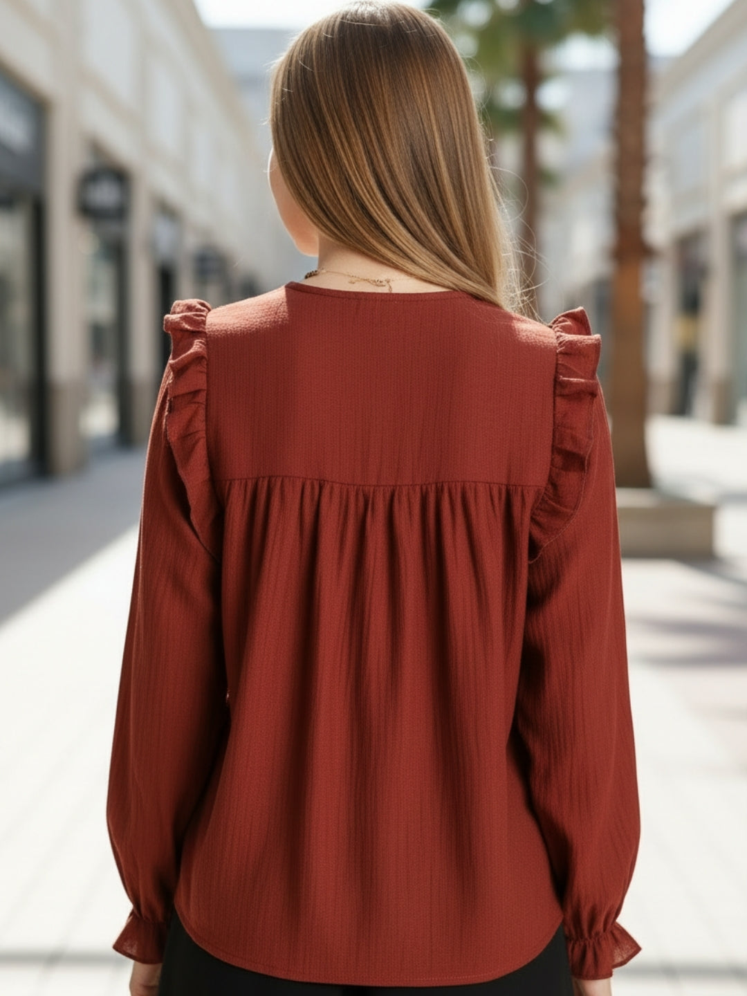 Rust Pleated Yoke Ruffle Top