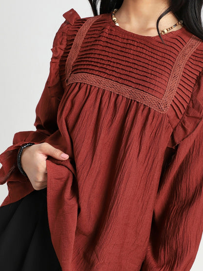 Rust Pleated Yoke Ruffle Top
