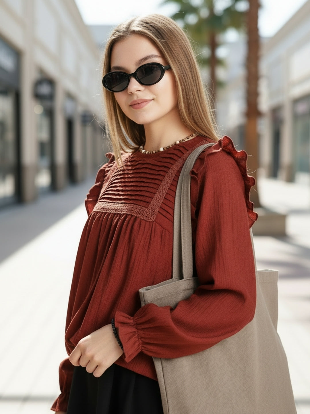 Rust Pleated Yoke Ruffle Top