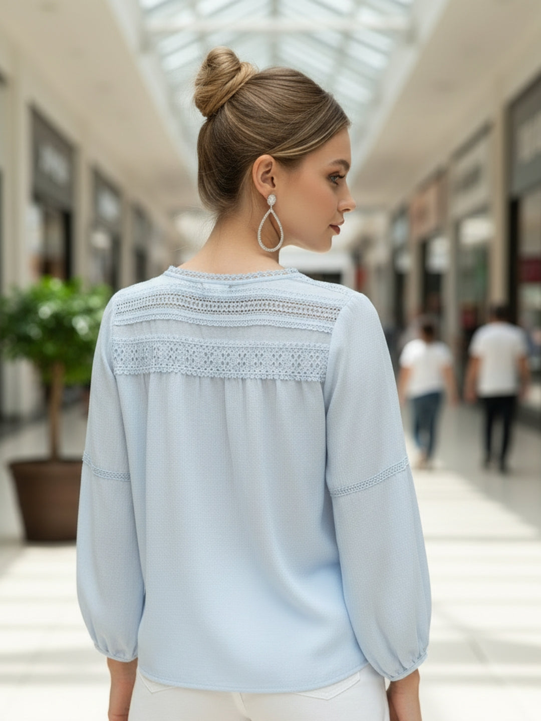 Light Blue Boho Chic Top with Lace and Tassel Tie up