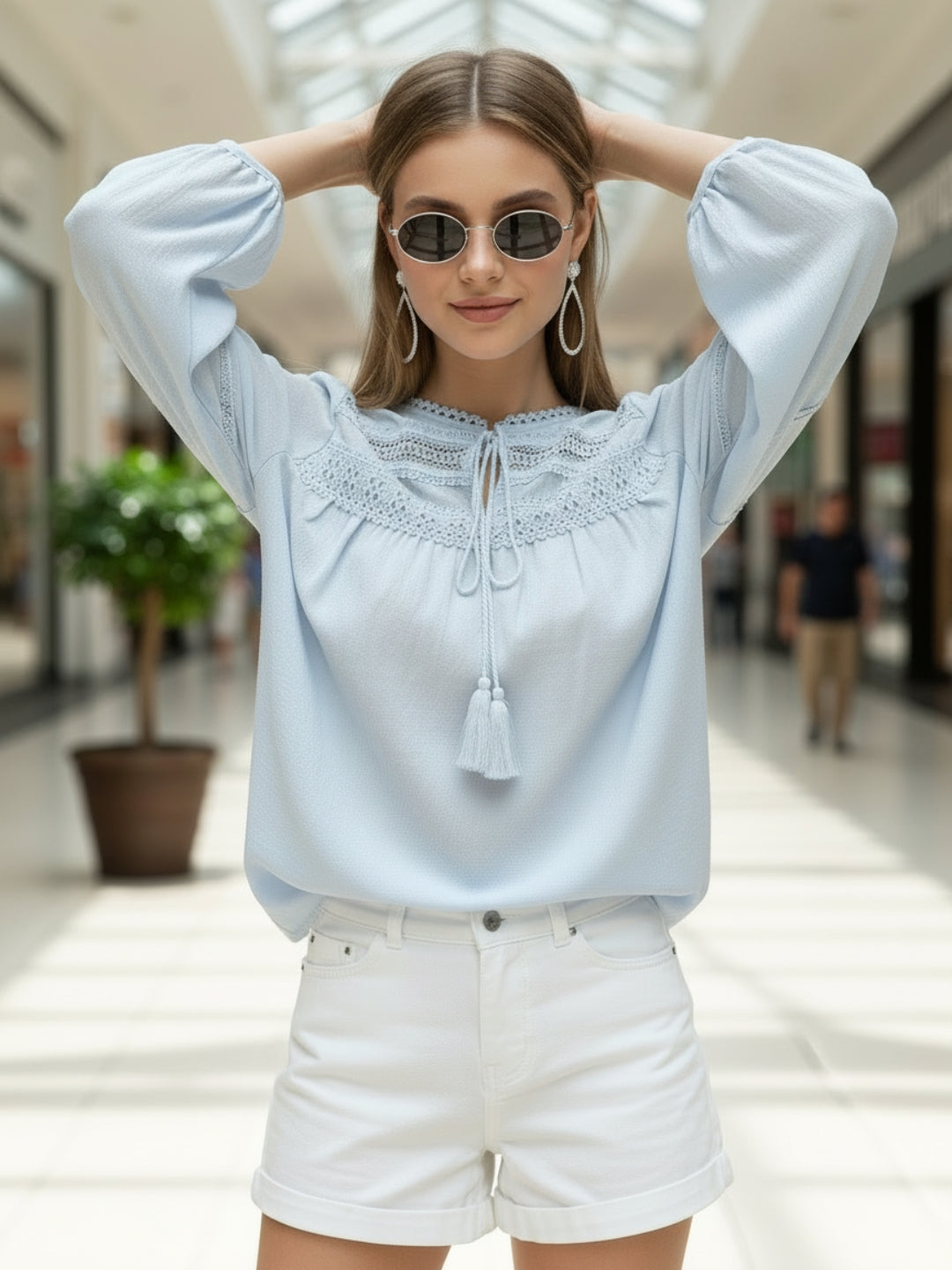 Light Blue Boho Chic Top with Lace and Tassel Tie up