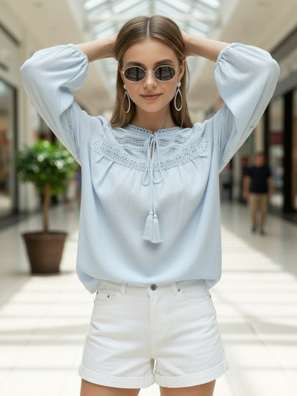 Light Blue Boho Chic Top with Lace and Tassel Tie up