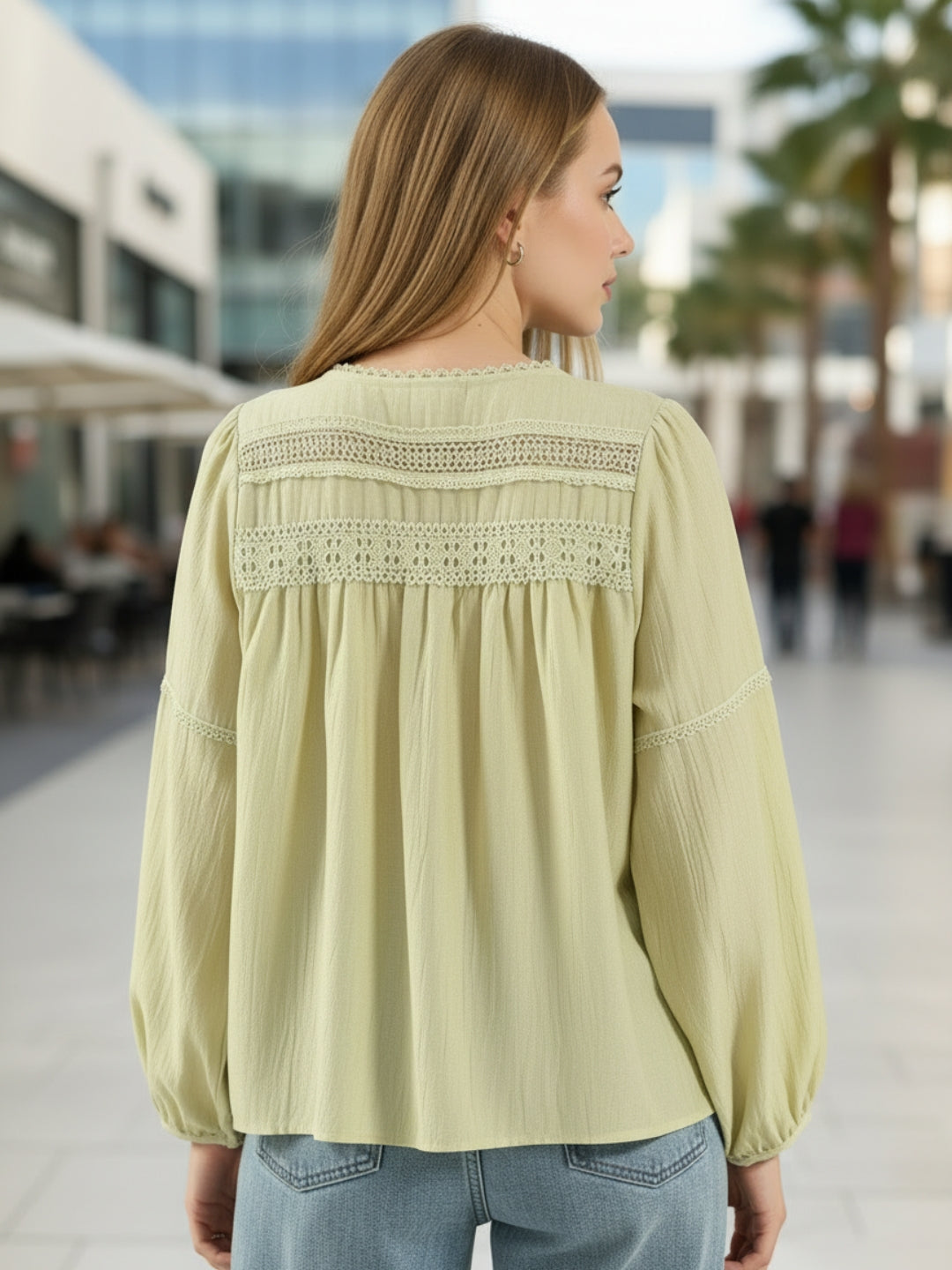 Lime Green Boho Chic Top with Lace and Tassel Tie up