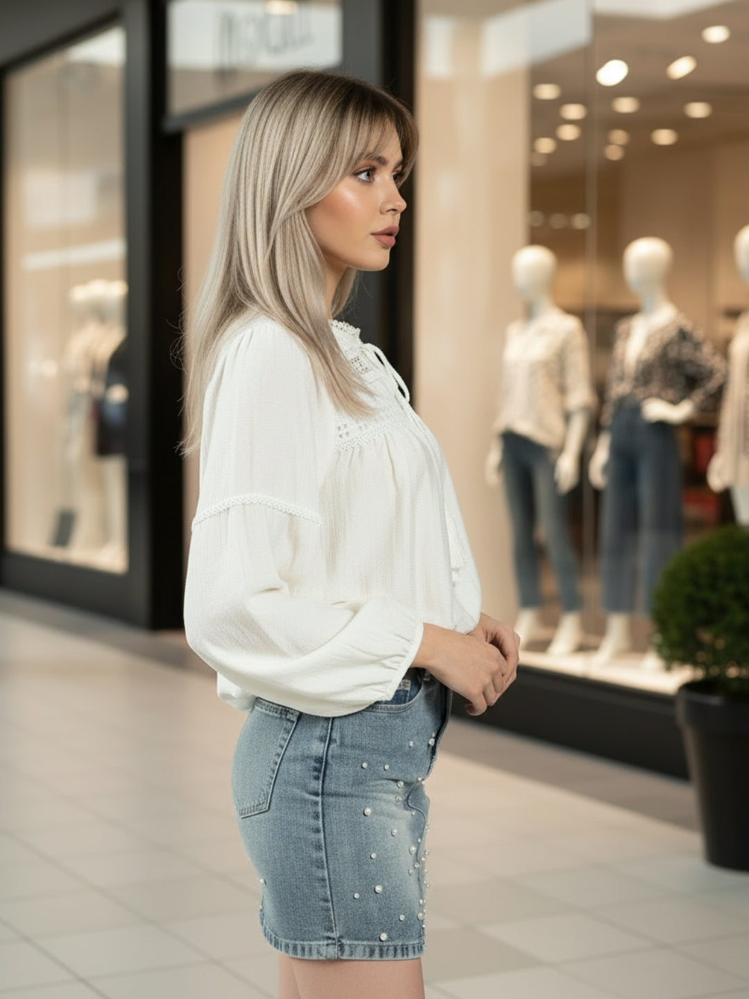 Offwhite Boho Chic Top with Lace and Tassel Tie up