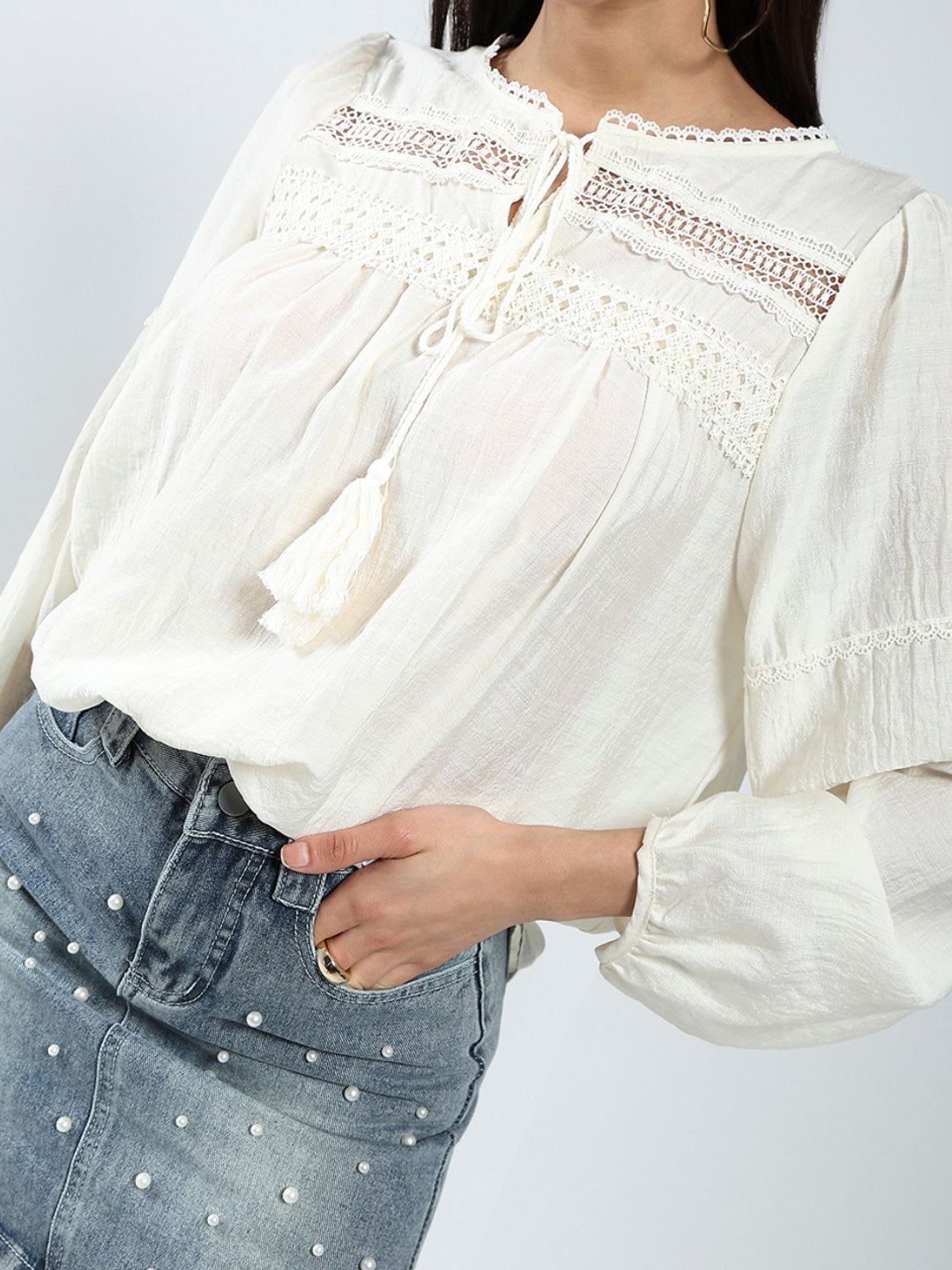 Offwhite Boho Chic Top with Lace and Tassel Tie up