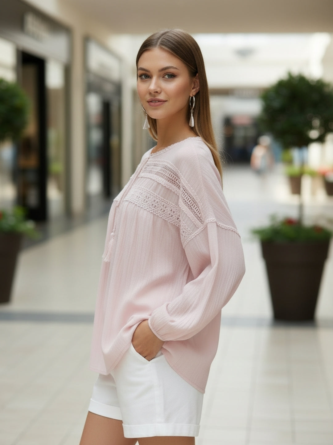 Pink Boho Chic Top with Lace and Tassel Tie up