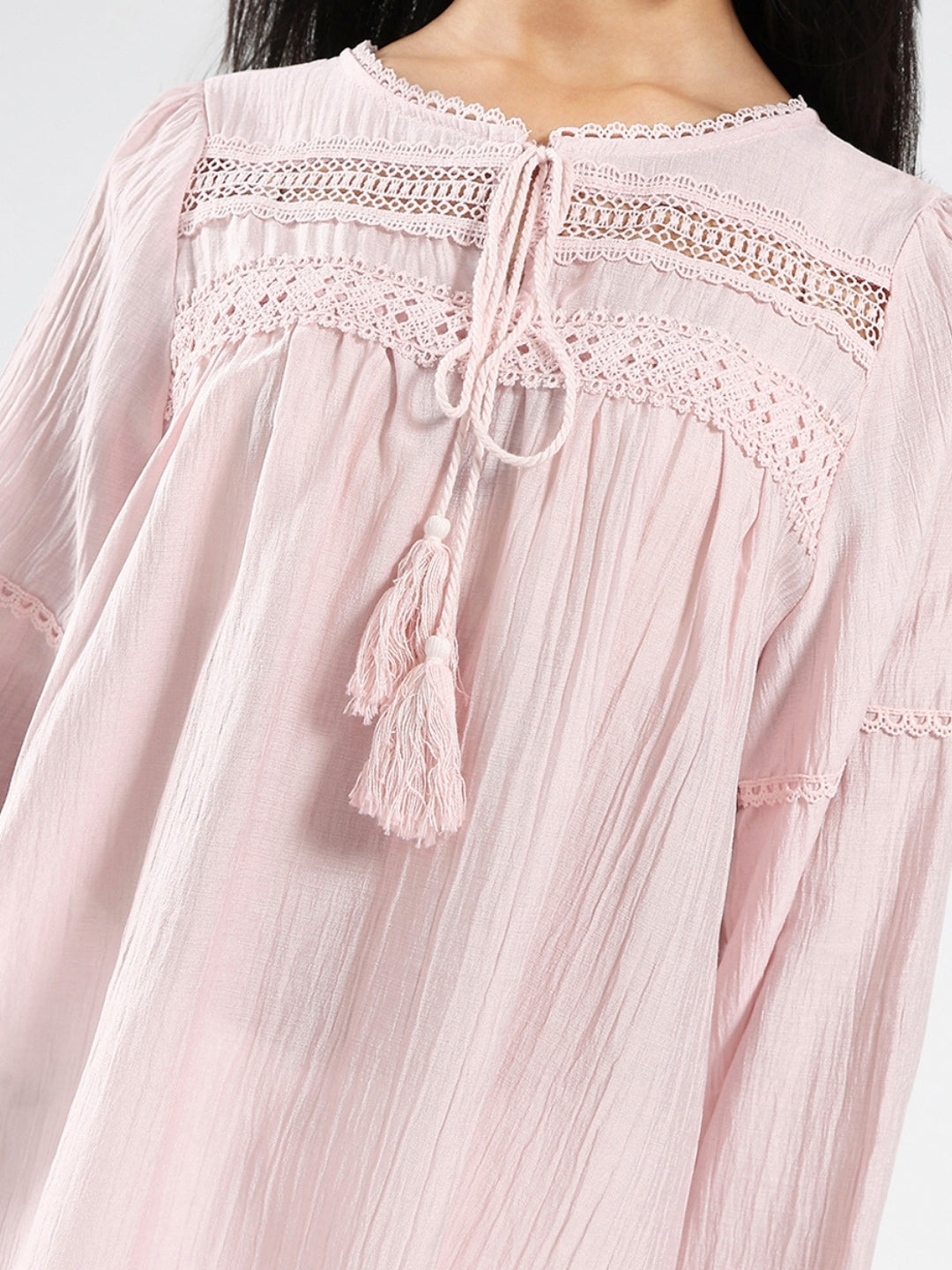 Pink Boho Chic Top with Lace and Tassel Tie up
