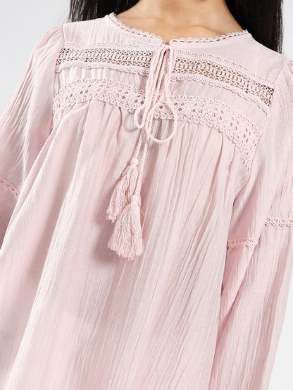 Pink Boho Chic Top with Lace and Tassel Tie up