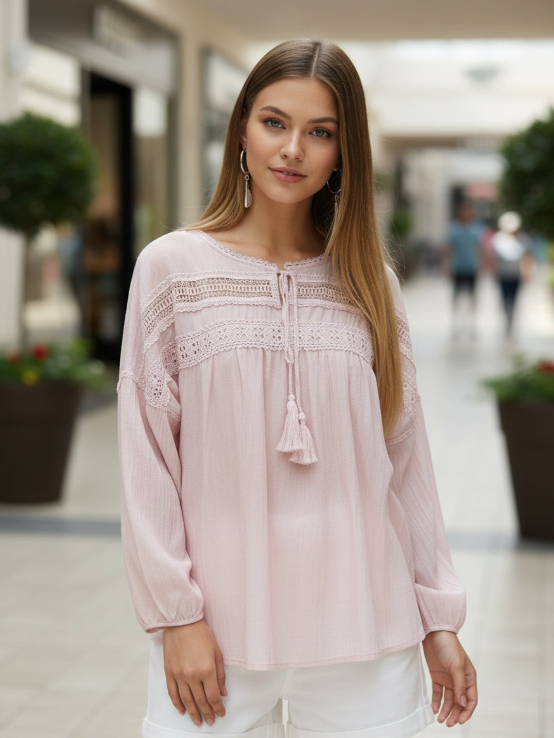 Pink Boho Chic Top with Lace and Tassel Tie up