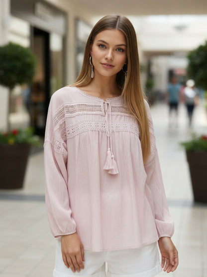Pink Boho Chic Top with Lace and Tassel Tie up
