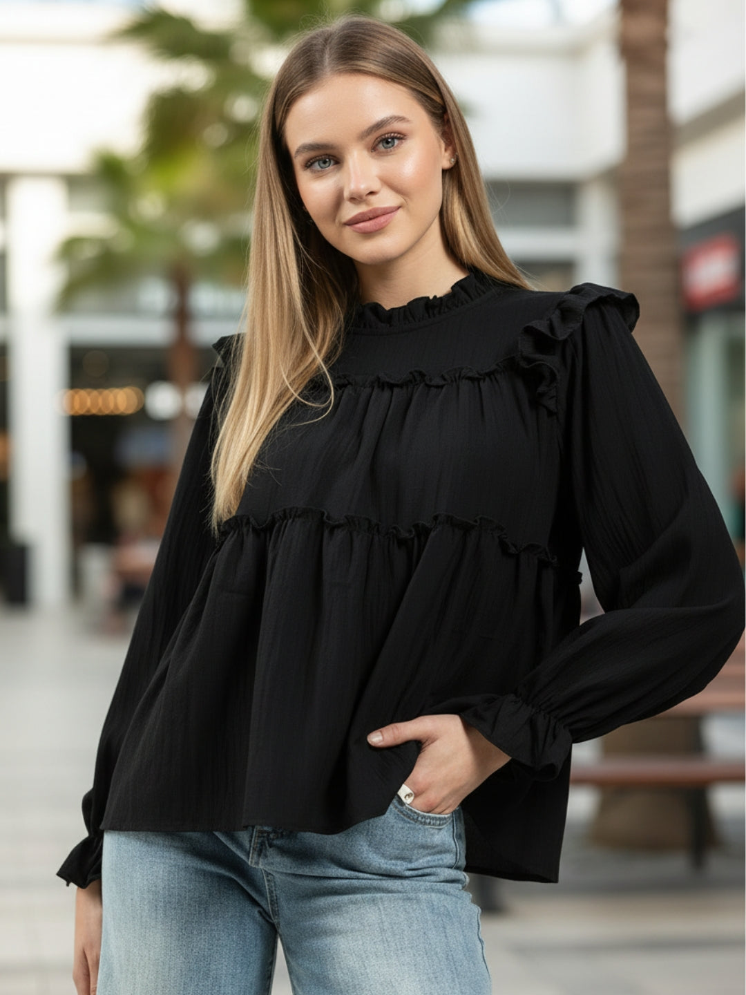 Dark Black Ruffled Tiered Long Sleeve Flowy Top