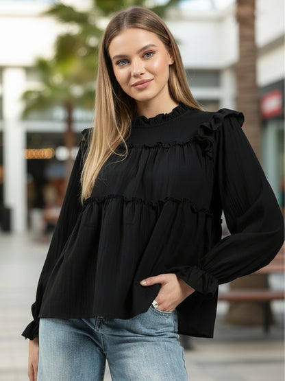 Dark Black Ruffled Tiered Long Sleeve Flowy Top