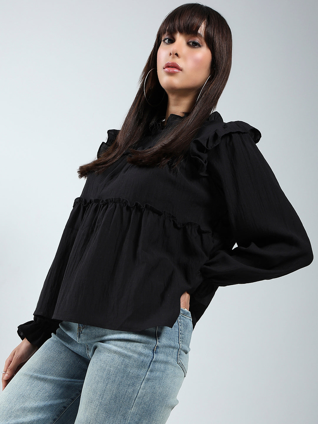 Black Ruffled Tiered Long Sleeve Flowy Top