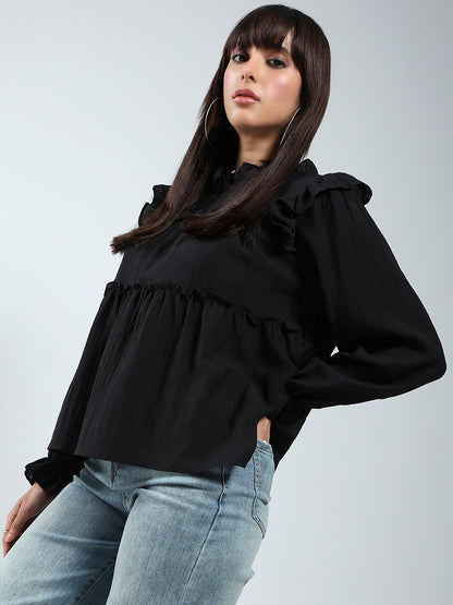 Black Ruffled Tiered Long Sleeve Flowy Top