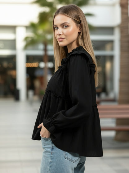 Dark Black Ruffled Tiered Long Sleeve Flowy Top