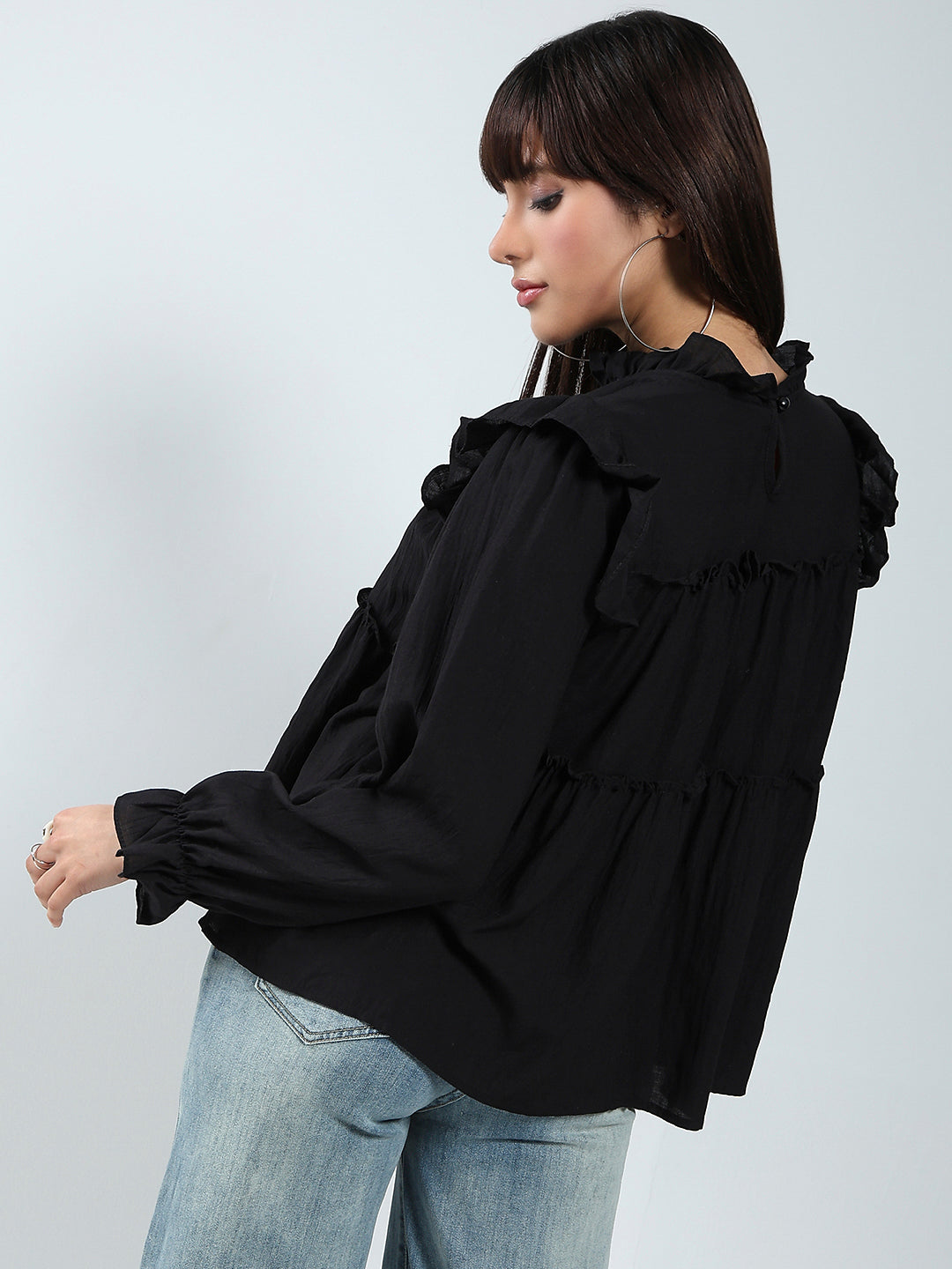 Black Ruffled Tiered Long Sleeve Flowy Top