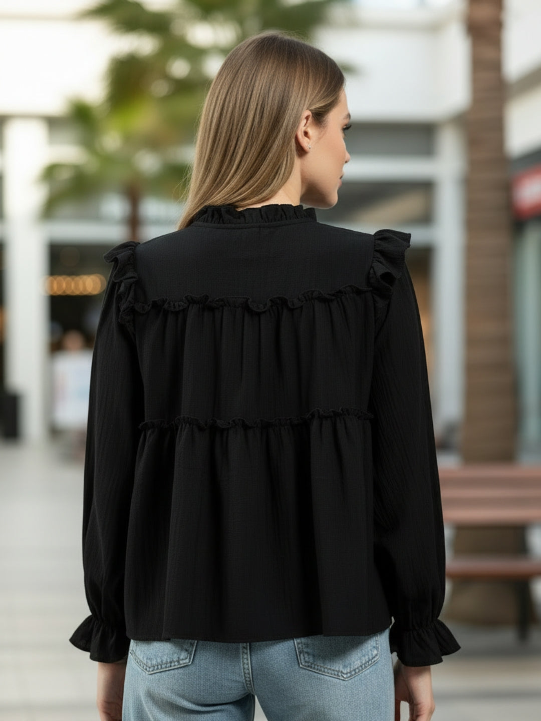 Dark Black Ruffled Tiered Long Sleeve Flowy Top